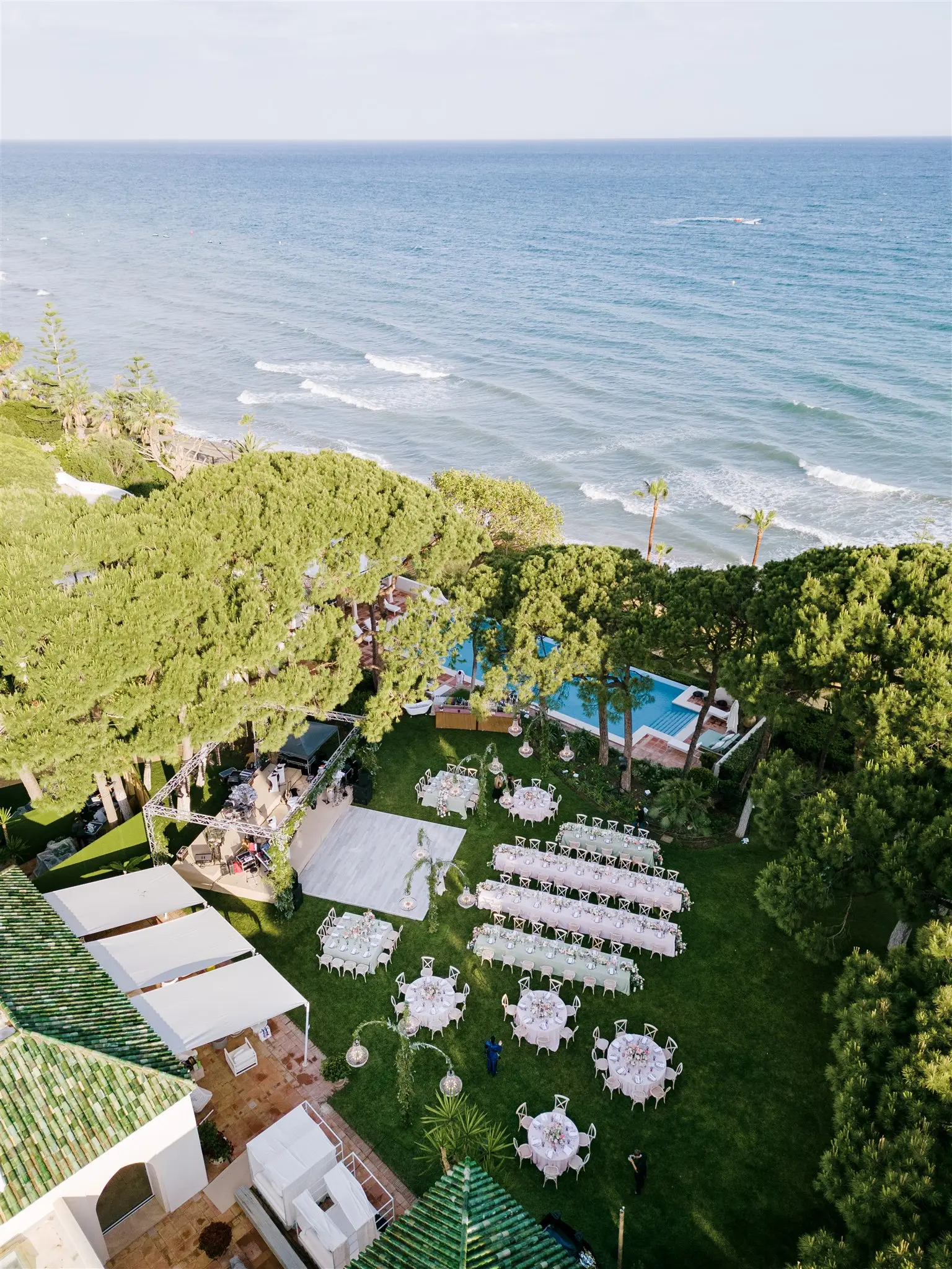 Aerial view of the gardens and pool at Villa El Rincón, Marbella