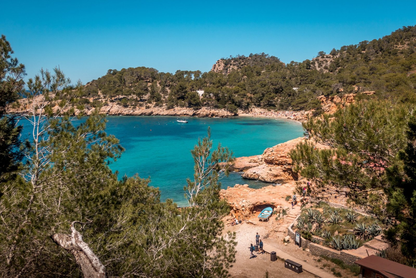 Laguna azul rodeada de árboles en Ibiza, España